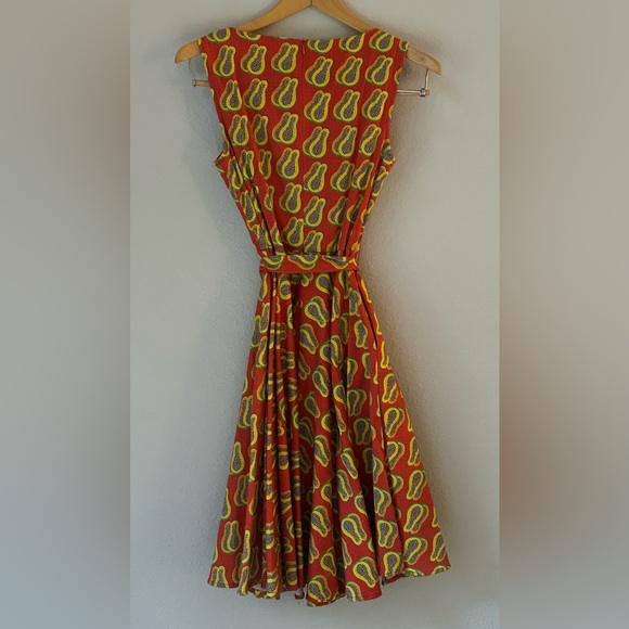 Vacation Party Tropical Papaya Print Sleeveless A-Line Swing Dress W/ Belt - Picture 5 of 11